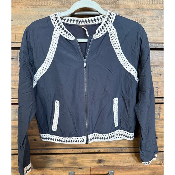 Free People Jacket Women's Small Crochet Boho Trim Full Zip Lightweight - Picture 1 of 7
